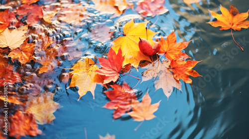 Colorful autumn leaves floating in pond or lake water. Autumn leaves in a rain puddle during a sunny day. October weather and November nature background.  Generative AI.