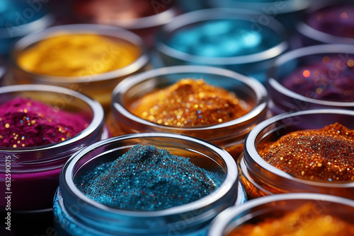 Fototapeta Makeup image of row of colorful powder jars containing dipping powder for nail polish