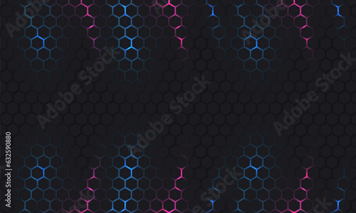 Dark hexagon abstract technology background with blue and pink colored bright flashes under hexagon. Vector hexagonal gaming abstract tech background.
