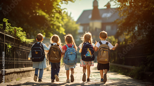 "Back to school. Joyful children prepared for elementary education. Students on their first day back. Boys and girls carrying backpacks. Educational imagery for kindergarten and preschool children. Ph
