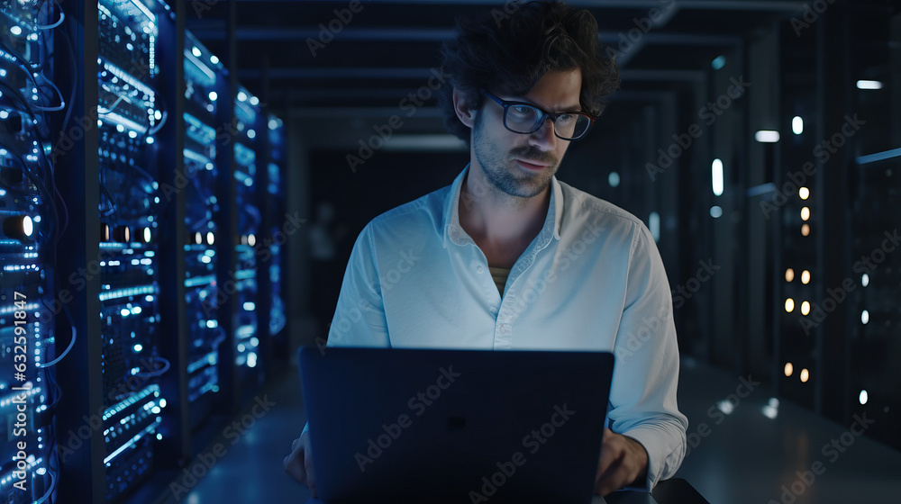 Man Working In Server Room With Laptop. Configuration of Computers. Data Center Service Help. Working Out Bugs. Concept of Technician, Skilled, Worker, and Technology. Man Working In Server Room With Laptop. Configuration of Computers. Data Center Service Help. Working Out Bugs. Concept of Technician, Skilled, Worker, and Technology.