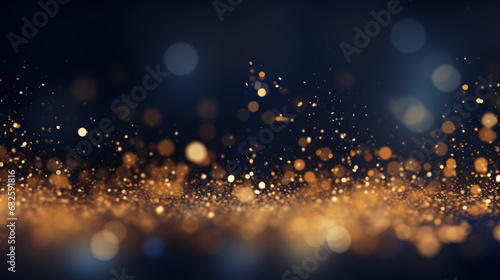 Abstract background featuring dark blue and gold particles. New Year backdrop with golden stars and shimmering sparkles. Christmas golden light radiates with a bokeh of particles.

Generative AI.