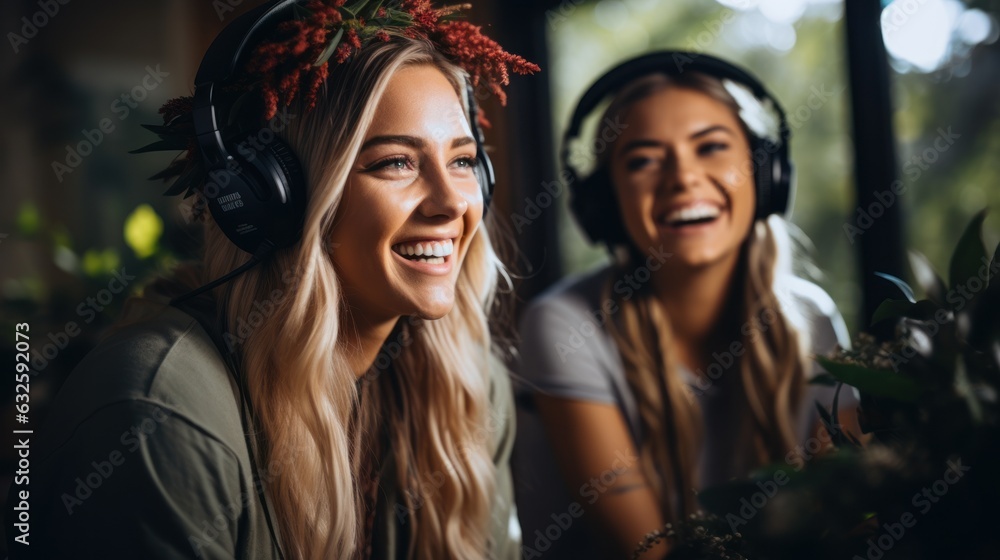 Two young women record a podcast and laugh. happily