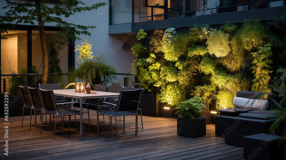 Panoramic of a chic urban courtyard, with polished wooden decking, contrasting with walls of vertical greenery, accented by LED lighting and furniture that exudes modernity.