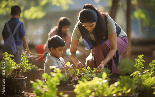 School teacher woman with children in school garden take care of plants together, back to school concept