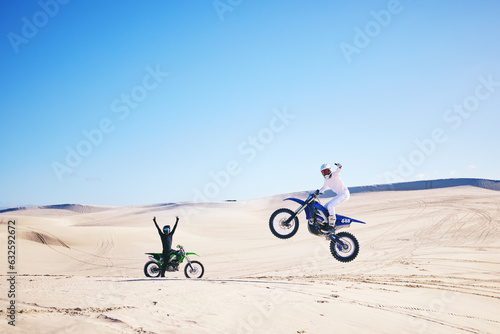Photography Bike, winner and motivation with people in the desert for fitness or adrenaline while training