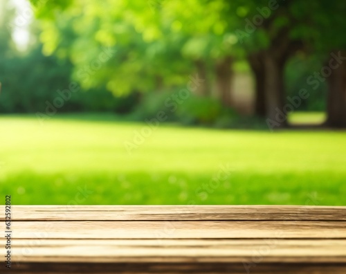 Empty wooden table with big tree and green garden background, blank place for product