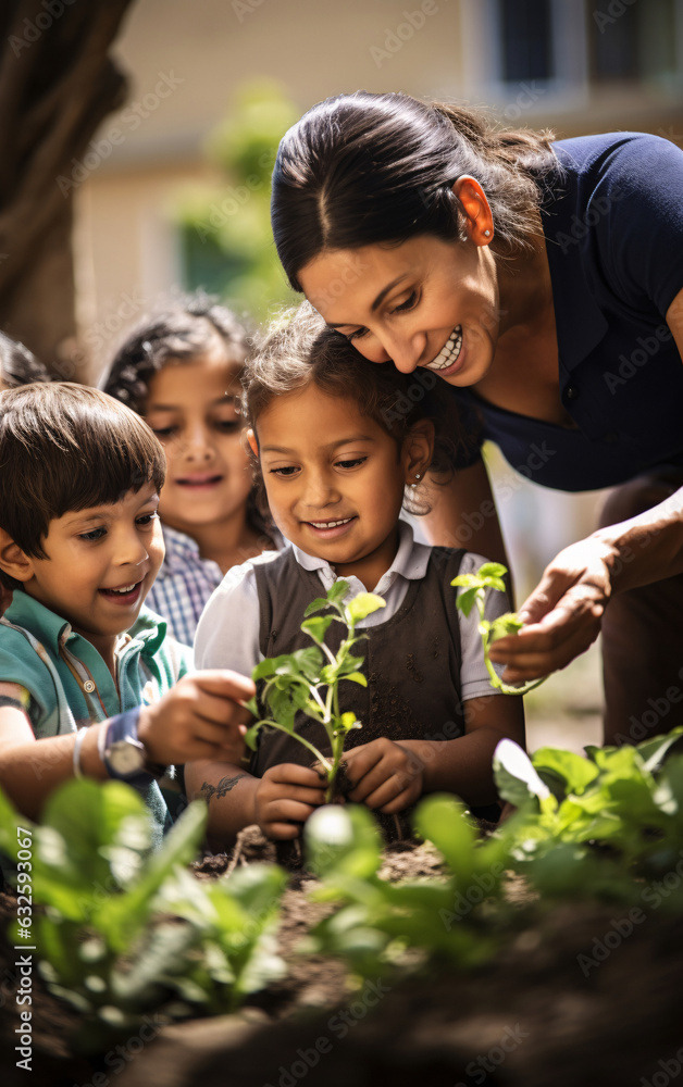 School teacher woman with children in school garden take care of plants together, back to school concept School teacher woman with children in school garden take care of plants together, back to school concept