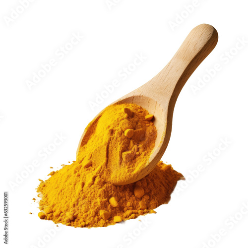 transparent background with turmeric powder on wooden scoop photo