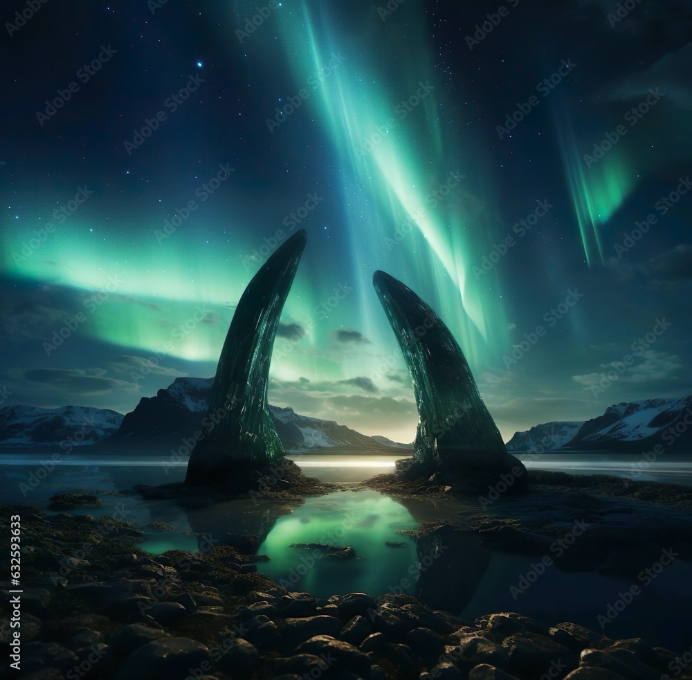 A picture of an aurora with the aurora borealis visible in the background at night