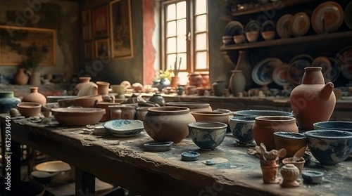 A table with pots and vases on it and a painting on the wall behind it