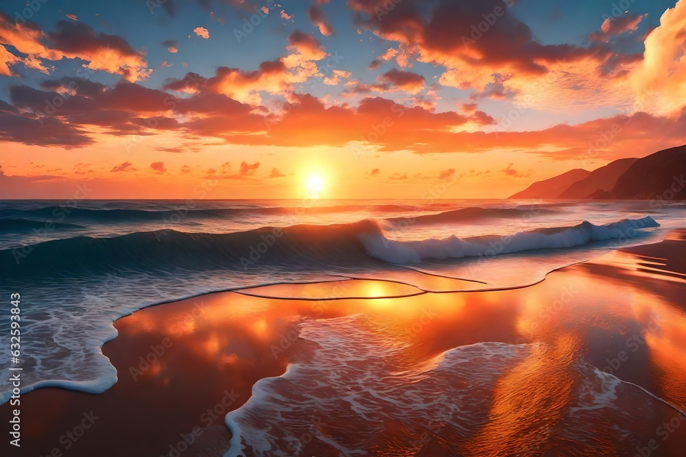  a painting of a sunset over the ocean with waves crashing on the shore and clouds in the sky over the ocean and the beach area 3d rendering