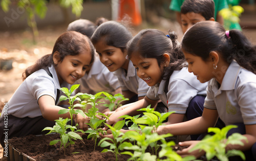 Indian schoolgirls doing gardening in the school garden, back to school concept