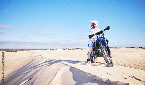 Canvas Print Desert sky, motorcycle or extreme sports person looking at outdoor view, Dubai nature or off road sand dunes