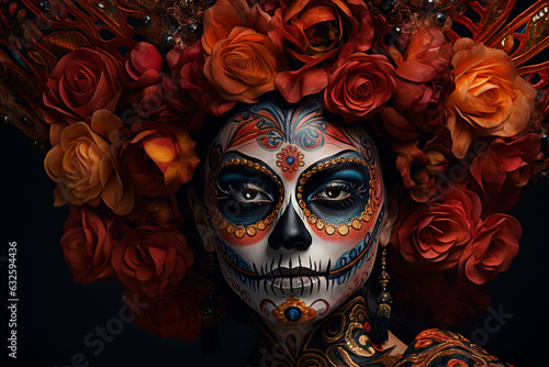 Create a visually striking scene of adults gathering around a grand Day of the Dead altar, with their beautifully designed makeup as a tribute to the departed."