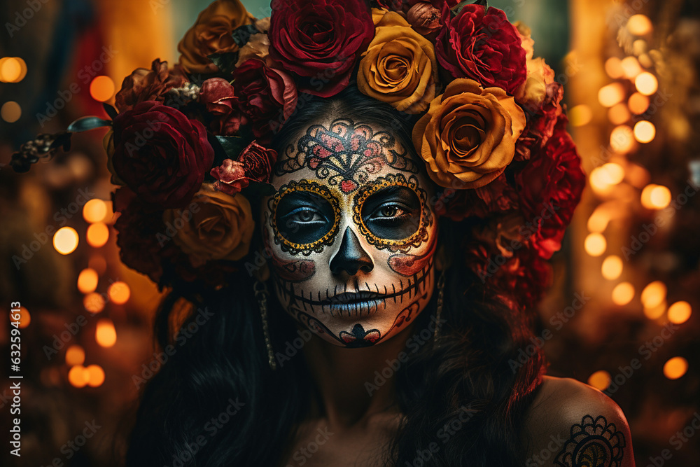 Create a visually striking scene of adults gathering around a grand Day of the Dead altar, with their beautifully designed makeup as a tribute to the departed.