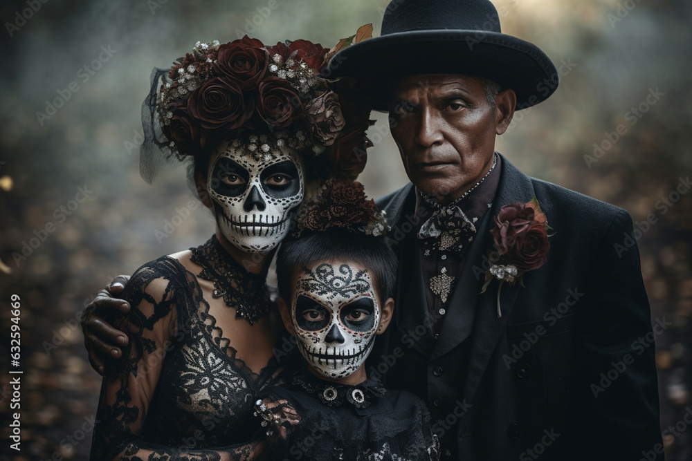 Create a visually striking scene of adults gathering around a grand Day of the Dead altar, with their beautifully designed makeup as a tribute to the departed. Create a visually striking scene of adults gathering around a grand Day of the Dead altar, with their beautifully designed makeup as a tribute to the departed.