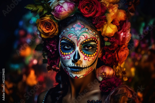 Create a visually striking scene of adults gathering around a grand Day of the Dead altar, with their beautifully designed makeup as a tribute to the departed." © Maksym