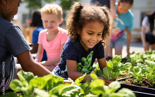 Diversity school, african american and other multiethnic children gardening together in the school garden, back to school concept