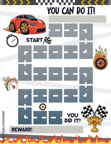 Reward chart for boys. Sports Car. Table of behavior and routine work of kids. Vector illustration