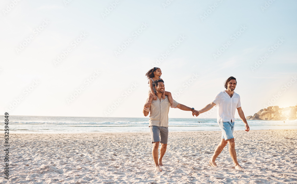 Lgbt parents on beach, men and child holding hands in summer, walking and island holiday together. Love, happiness and sun, gay couple on tropical ocean vacation with daughter on piggy back mockup.