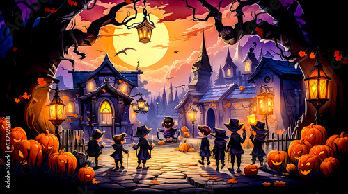 Halloween Cartoon 2D Trick-or-Treat Fantasy Wallpaper Background Backdrop Digital Art Generative AI KI Illustration Graphic Journal Book