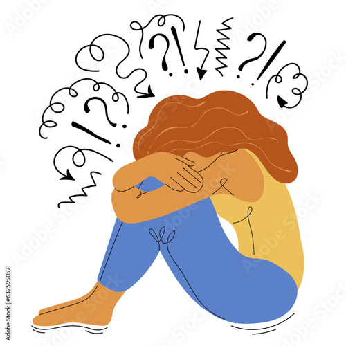 Crying sitting woman suffering fatigue from frustration depression complex psychological disease. Headache, depression, anxiety concept. Mental health. Vector illustration. 