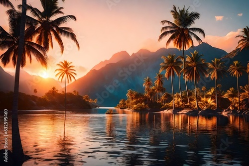  Palm trees against sunset sky, tropical coast with waterfall and mountains on a background, river, lake 3d rendering