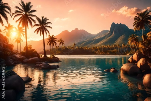  Palm trees against sunset sky, tropical coast with waterfall and mountains on a background, river, lake 3d rendering © Ahtesham