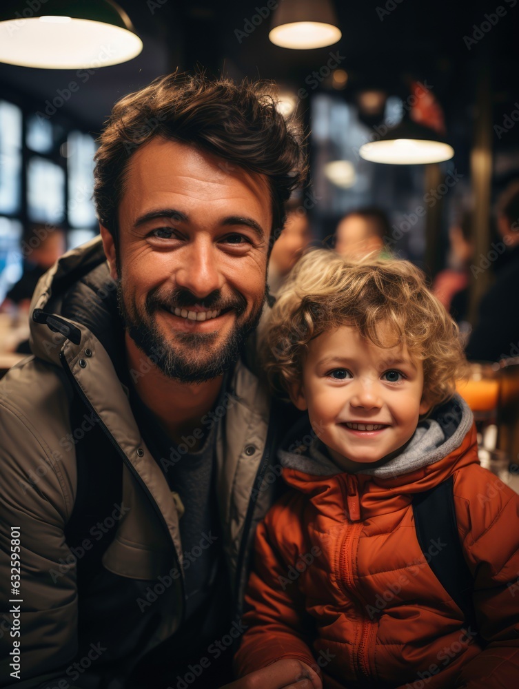 happy father and son in cafe. Generated by AI happy father and son in cafe. Generated by AI