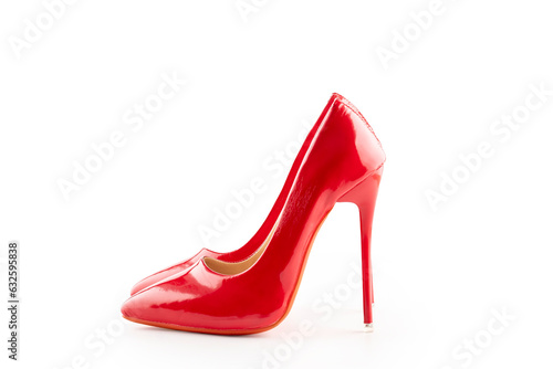 a pair of red women's high-heeled shoes on white background