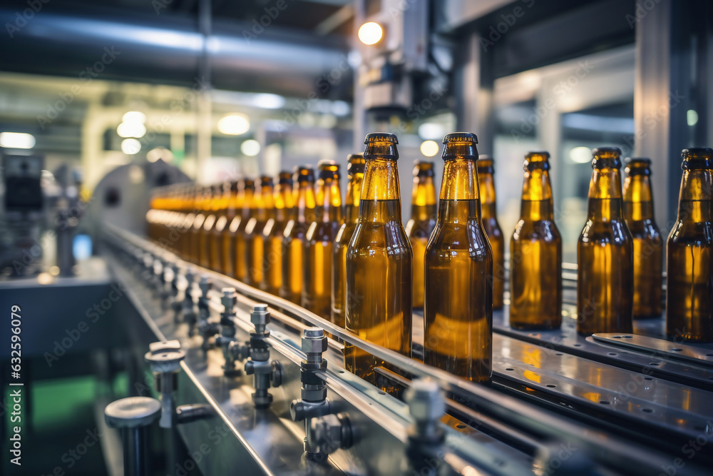 Factory for the production of beer. Brewery conveyor with glass beer drink alcohol bottles, modern production line. Blurred background. Modern production for bottling drinks. Selective focus. Factory for the production of beer. Brewery conveyor with glass beer drink alcohol bottles, modern production line. Blurred background. Modern production for bottling drinks. Selective focus.