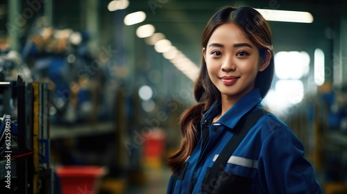 Portrait of an Asian female engineer in uniform working in a professional factory, AI generative © khwanchai