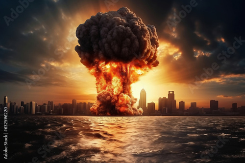 Nuclear explosion against the backdrop of a large city on the sea or ocean. Sunset. Apocalypse. War. Nuclear threat. Third World War.