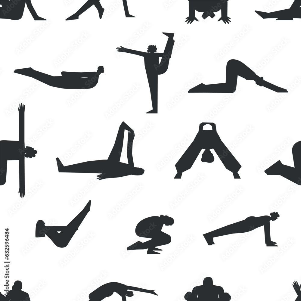 Vector seamless pattern with fitness poses. Flat isolated collection with hiispanic, african american and european women making yoga exercises like asanas, stretchening training. Black silhouettes