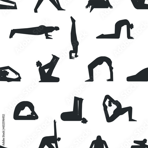 Vector seamless pattern with fitness poses. Flat isolated collection with hiispanic, african american and european women making yoga exercises like asanas, stretchening training. Black silhouettes