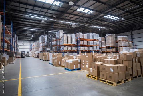 Interior of a modern warehouse. Large space for storing and moving goods. Logistics. Trade in the modern world. © Anoo