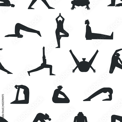 Vector seamless pattern with sport training. Flat isolated illustrationwith hiispanic, african american and european women making yoga exercises like asanas, stretchening training. Black silhouettes