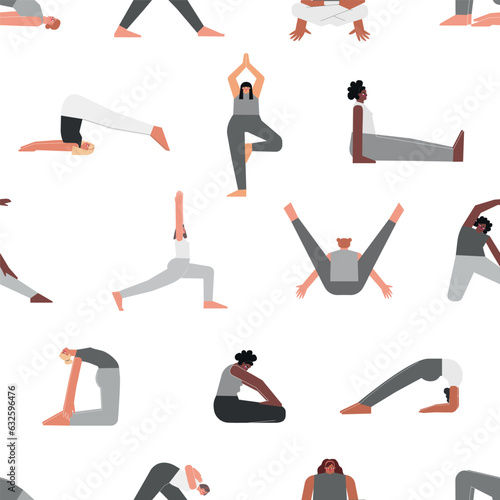 Vector seamless pattern with sport poses. Flat isolated collection with hiispanic, african american, asian women making yoga exercises: standing asanas, stretchening training with bend photo