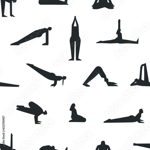 Vector seamless pattern with fitness poses. Flat isolated collection with hiispanic, african american and european women making yoga exercises like asanas, stretchening training. Black silhouettes