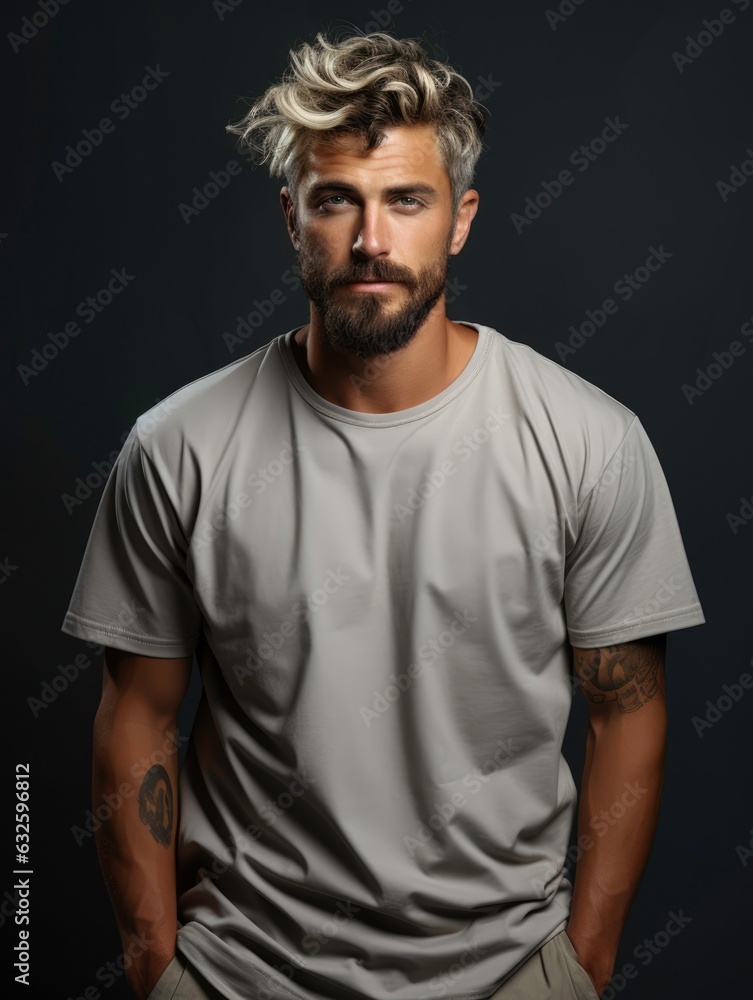 Naklejka premium A man in a white T-shirt on a dark background. Generated by AI