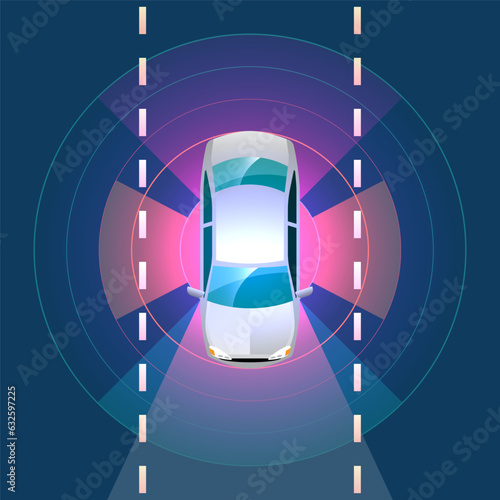 Autonomous smart car automatic wireless sensor driving on road around the car.