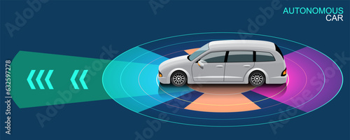 Autonomous smart car automatic wireless sensor driving on road around the car.