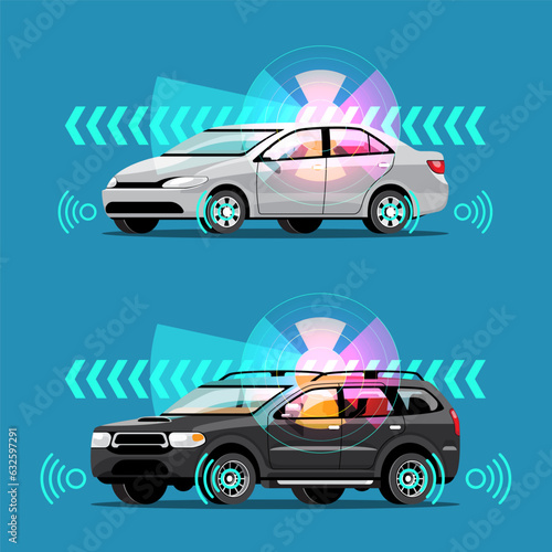 Autonomous smart car automatic wireless sensor driving on road around the car.