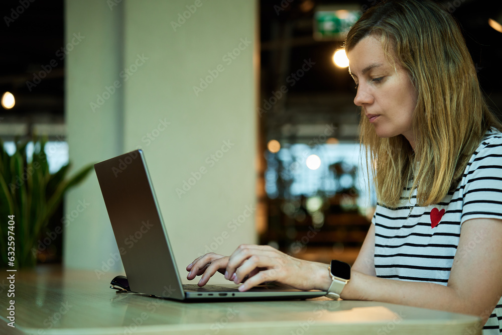 Woman usinf laptop in cafe. Freelancer in coworking Woman usinf laptop in cafe. Freelancer in coworking