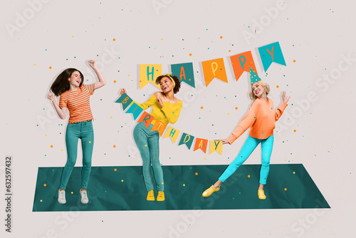 Composite collage image of three positive carefree girls enjoy dancing happy birthday flags party isolated on painted background