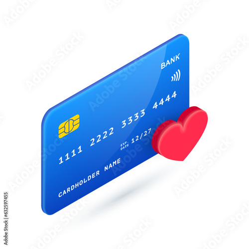 Vector 3D Isometric credit card with red heart symbol. Favorite credit card, best banking icon, Bank bonus card. Loyalty program, investment and banking concept for web, app, game