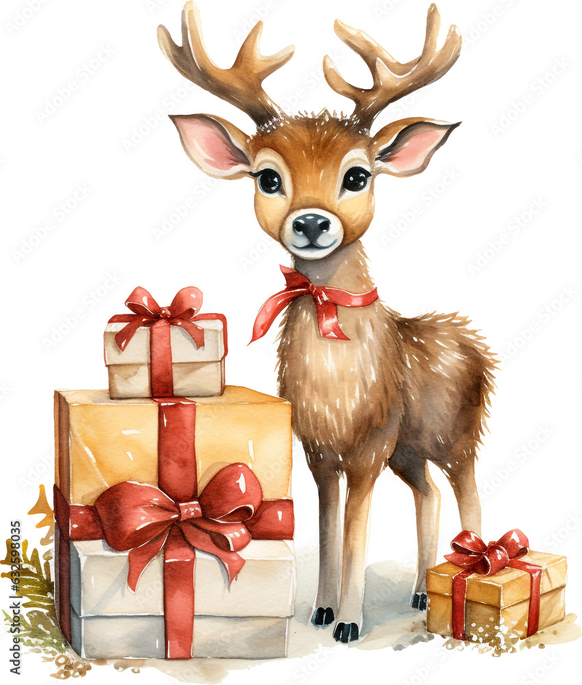 watercolor illustrations of Christmas elements featuring Santa, Rudolph, and gift surprises. watercolor illustrations of Christmas elements featuring Santa, Rudolph, and gift surprises.