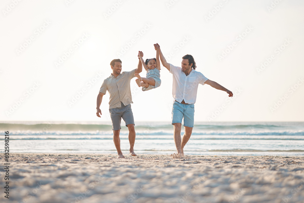 Gay couple, swing and holding hands with family at beach for seaside holiday, support and travel. Summer, vacation and love with men and child in nature for lgbtq, happiness and bonding together