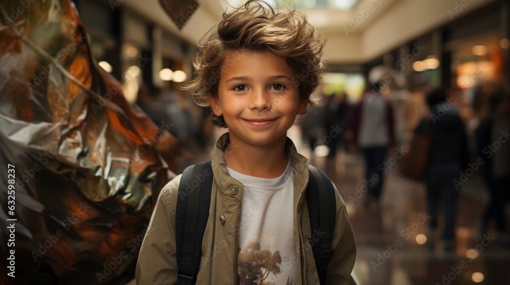 A boy aged 6-8 in a shopping mall. Generated by AI